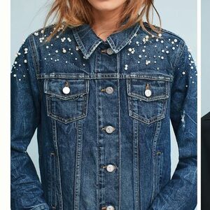 Anthropologie Pilcro Pearl Denim Trucker Jacket Rhinestone Embellishments  XL